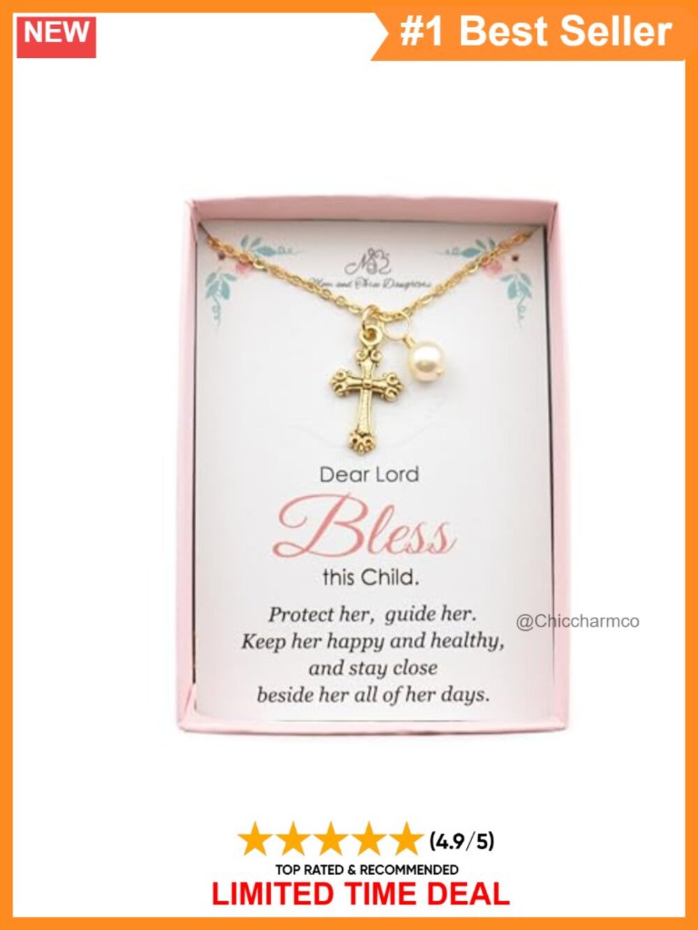 Girls Gold Pewter Cross Necklace Crystal Pearl 14" Chain First Communion Gift